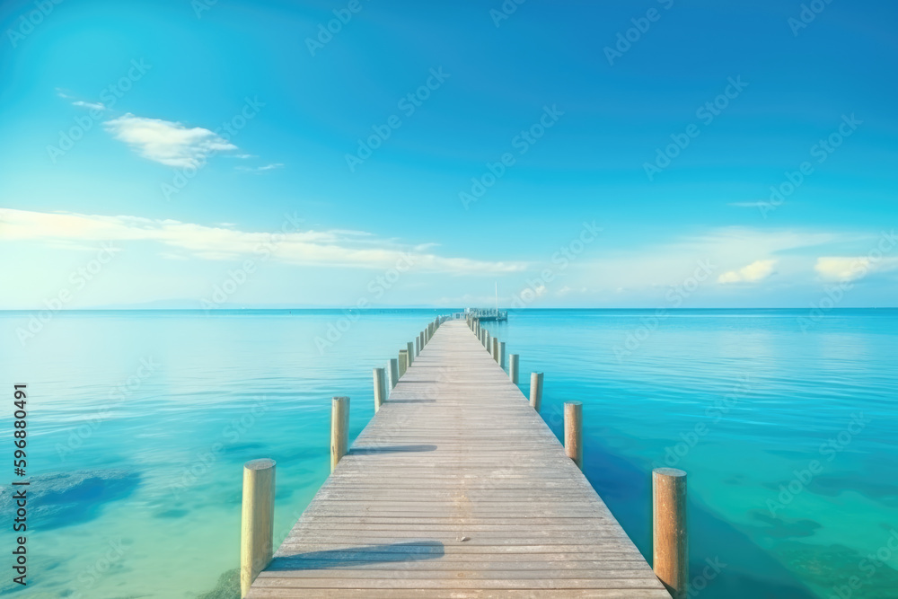 Beautiful landscape with bridge to pier. Color fusion of ocean and sky. Light ripples on amazingly clear water. Perspective receding into distance. Image fine vacation on summer. Relax and rest