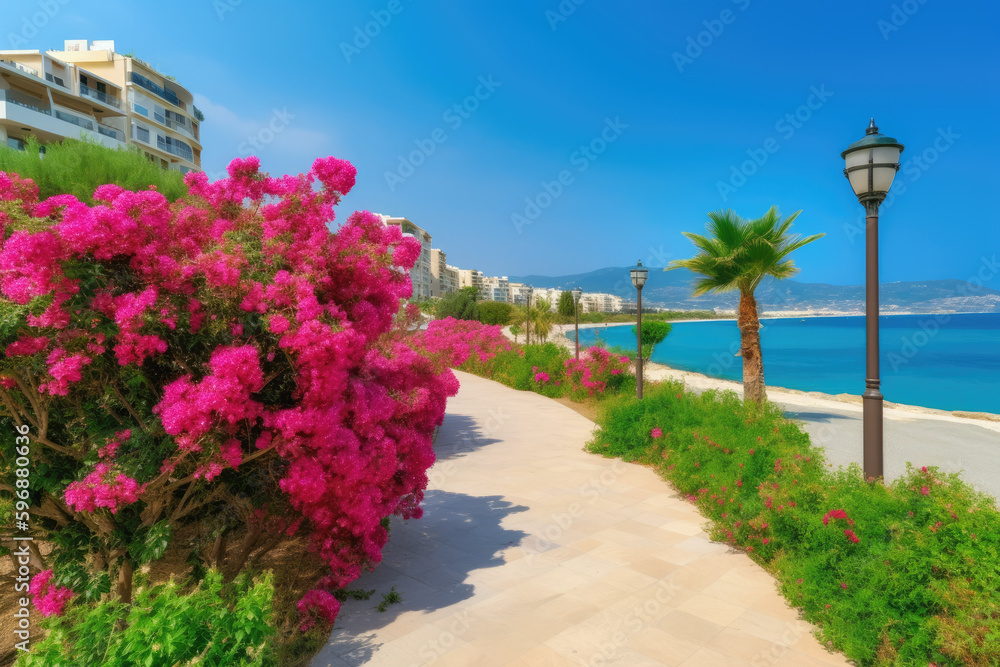 Beautiful resort promenade with blooming colorful Oleanders against the backdrop of Mediterranean Sea and blue sky