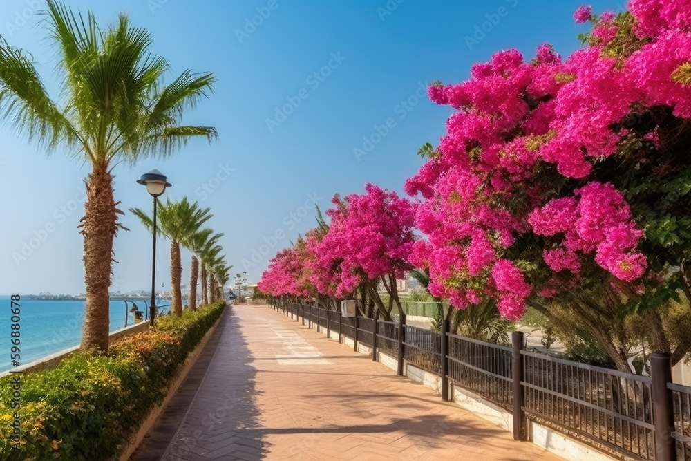 Beautiful resort promenade with blooming colorful Oleanders against the backdrop of Mediterranean Sea and blue sky