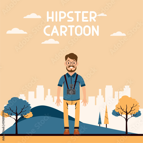 Colored happy hispter character with a cityscape background Vector