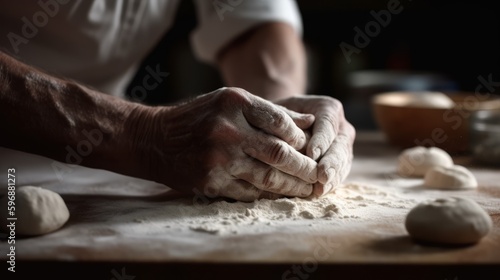 Baker's hands kneading dough into balls