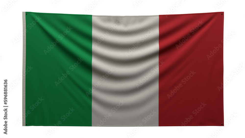 Textured flag. The flag of Italy hangs on the wall. Texture of dense fabric. The flag is pinned to the wall. Italian flag on a transparent background. 3D render