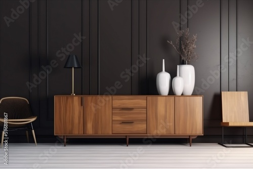 interior background beige indoor poster decor style contemporary cabinet scandinavian chest chest of drawers wall. Generative AI.