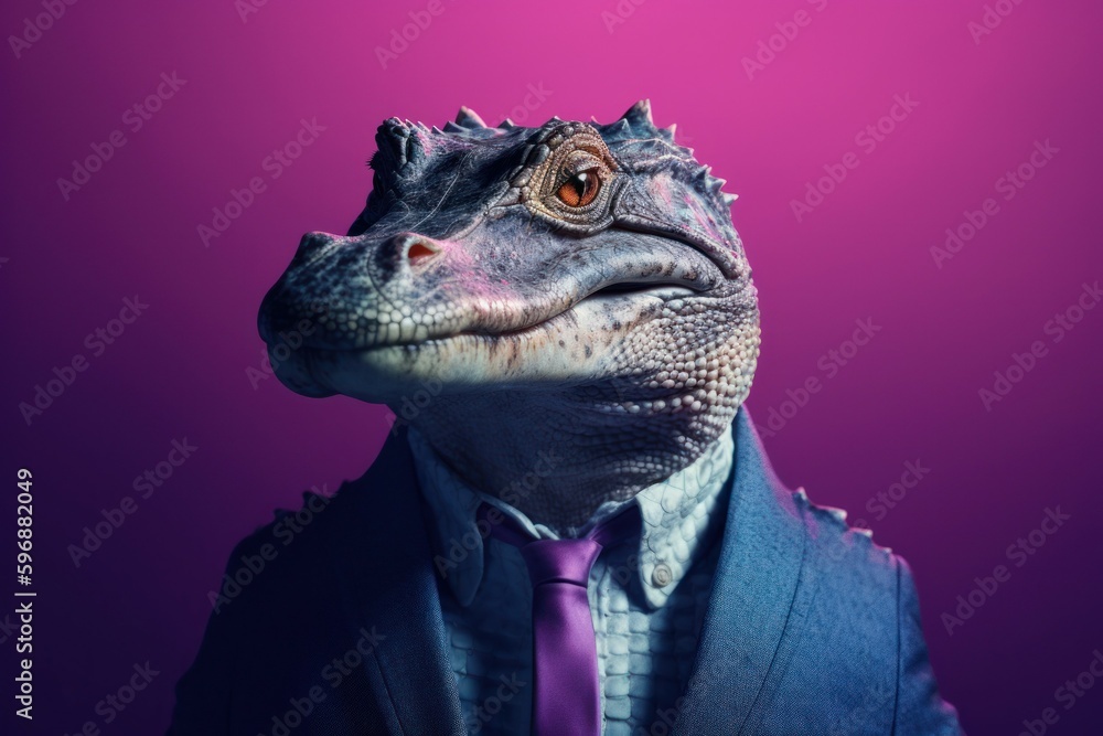 Anthropomorphic Alligator dressed in a suit like a businessman. Business Concept. AI generated, human enhanced - obrazy, fototapety, plakaty 