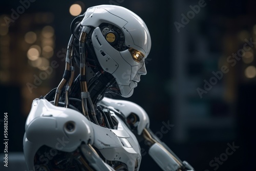 White modern ai robot think or calculate, close-up. AI generated, human enhanced