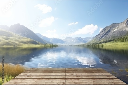 serene wooden dock floating on a calm lake. Generative AI