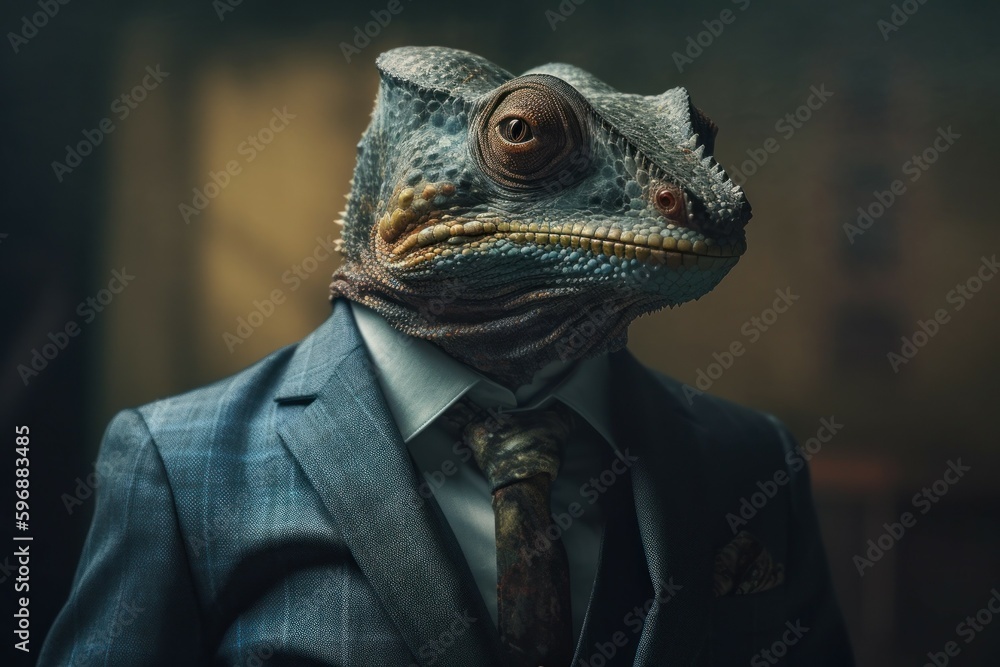 Anthropomorphic chameleon dressed in a suit like a businessman. business concept. AI generated, human enhanced