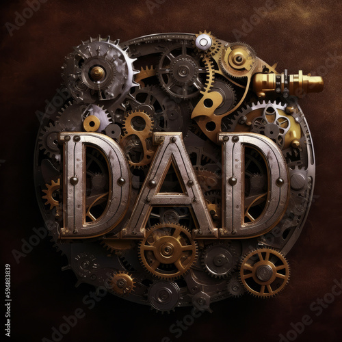 A sign of the word Dad, steampunk. Generative AI. 