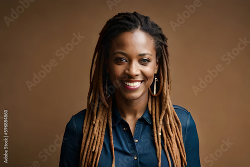 Portrait of a African woman with dreadlocks smiling at the camera in a studio. AI generated, photo