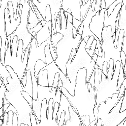 Contoured human palms, black and white seamless pattern. Endless background of hands with various gestures. Pencil drawing in a minimalistic style for printing on fabric, packaging. Hand-drawn style