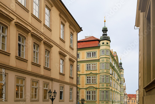 Facade of the house of classical European architecture of the old cozy tourist city. Background