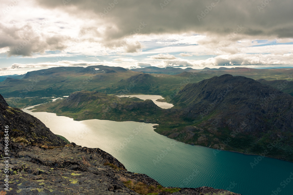 Amazing view of the Gjende Glacial Lake from the Besseggen Ridge,  Norway