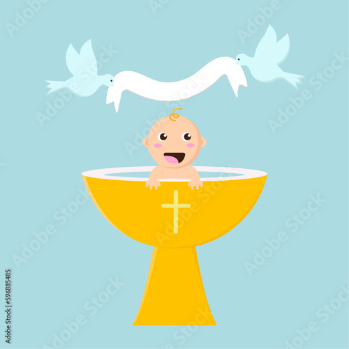 Catholic baptism. Baby with water font and doves. Vector illustration.