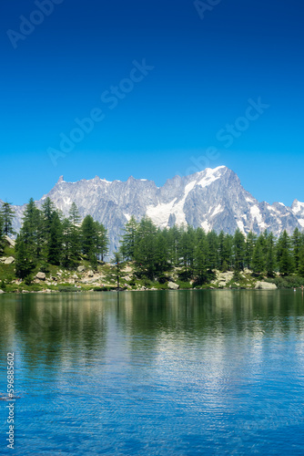 Beautiful reflection of the Mont Blanc on the Arpy Lake, Aosta Valley, Italy