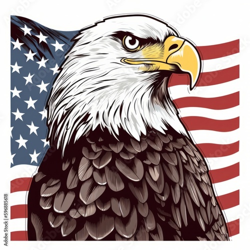 A digital illustration of a bald eagle with the American flag on white background. Generative AI. 
