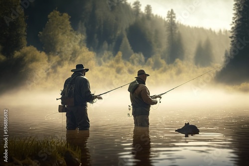 Two trout fishermen in a river at dawn. Ai generated.
