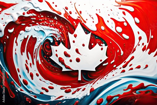 Artist's rendition of the flag of Canada, using liquid and splattered paint. Ai generated.
