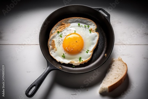 Fried egg, juicy yolk to dip with bread, rich in protein and fat. Ai generated.