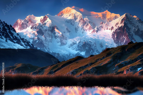 Beautiful alpine landscape at sunrise with reflections in a snowy mountain lake. Ai generated.