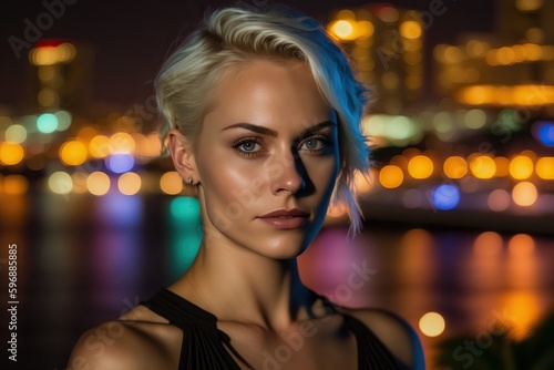 A stylish and confident European woman strikes a pose under the moonlit sky, radiating elegance and allure as the camera captures her beauty. Ai generated.