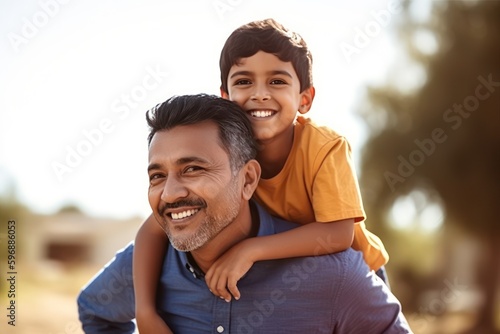Fotografiet Happy smiling father giving son ride on back