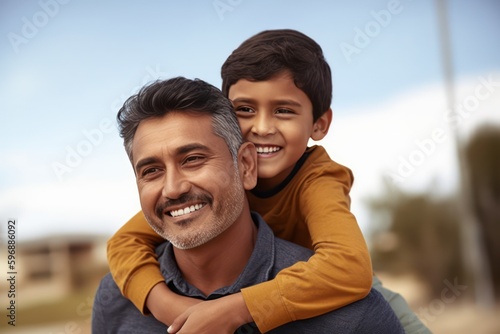 Happy smiling father giving son ride on back
