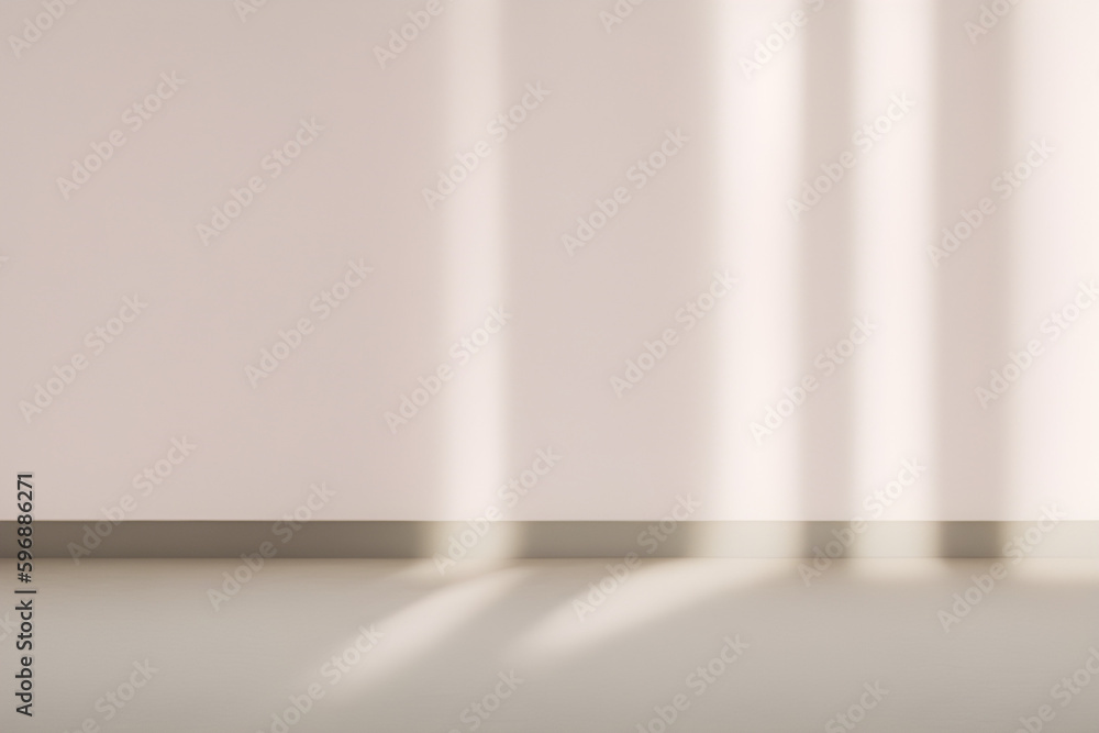 Empty wall and floor, soft beautiful spotted sunlight, shadow on light wall for luxury organic cosmetics, skin care. Place for text, generative ai
