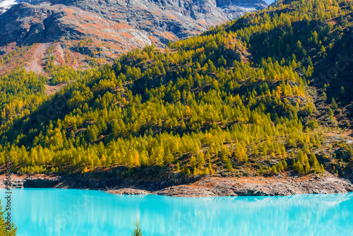 Autumnal landscape of the Lake Place Moulin, an artificial glacial lake with turquoise water in the italian Alps,  on the border with Switzerland