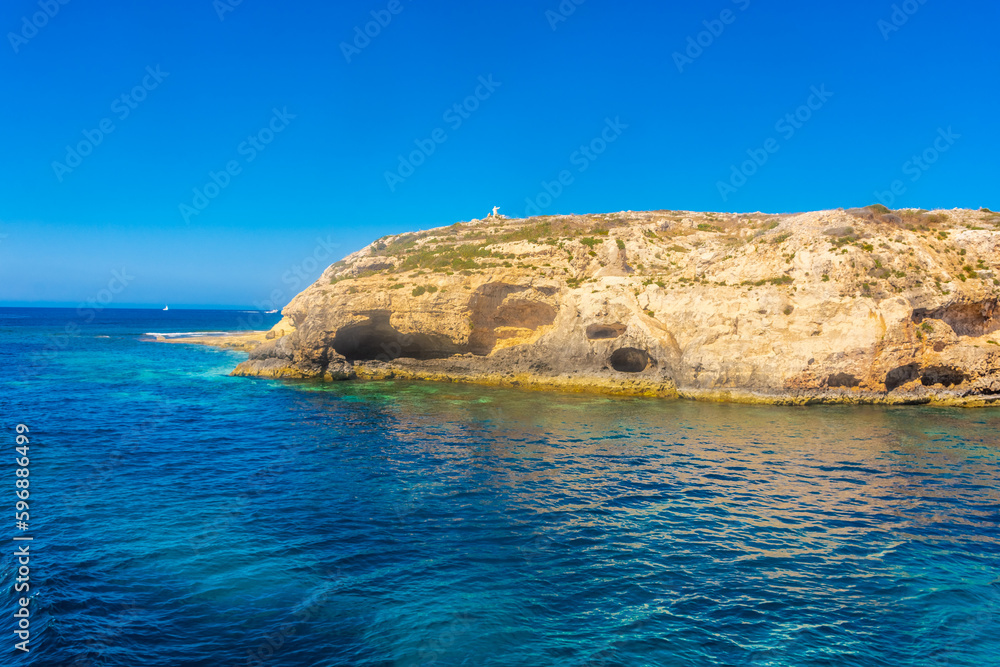 Close view of St. Paul Island in the sea of Bugibba,  Malta