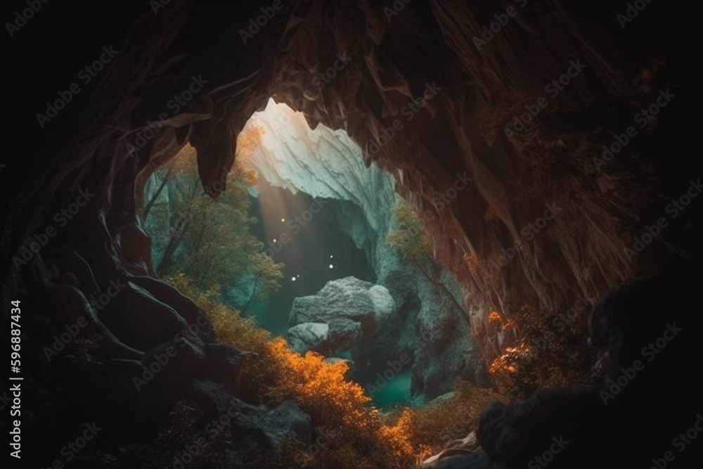 Abstract forest cave wallpaper. Stunning scenery. Generative AI