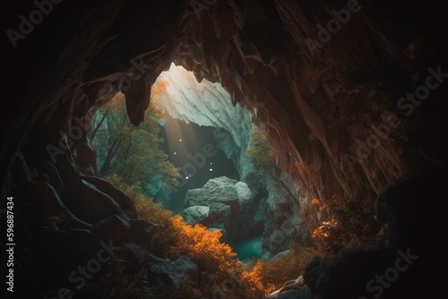 Abstract forest cave wallpaper. Stunning scenery. Generative AI