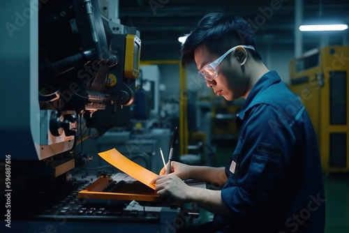 A man in a factory working on a piece of paper