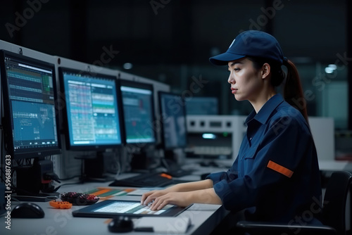 A woman in a blue uniform working on a computer