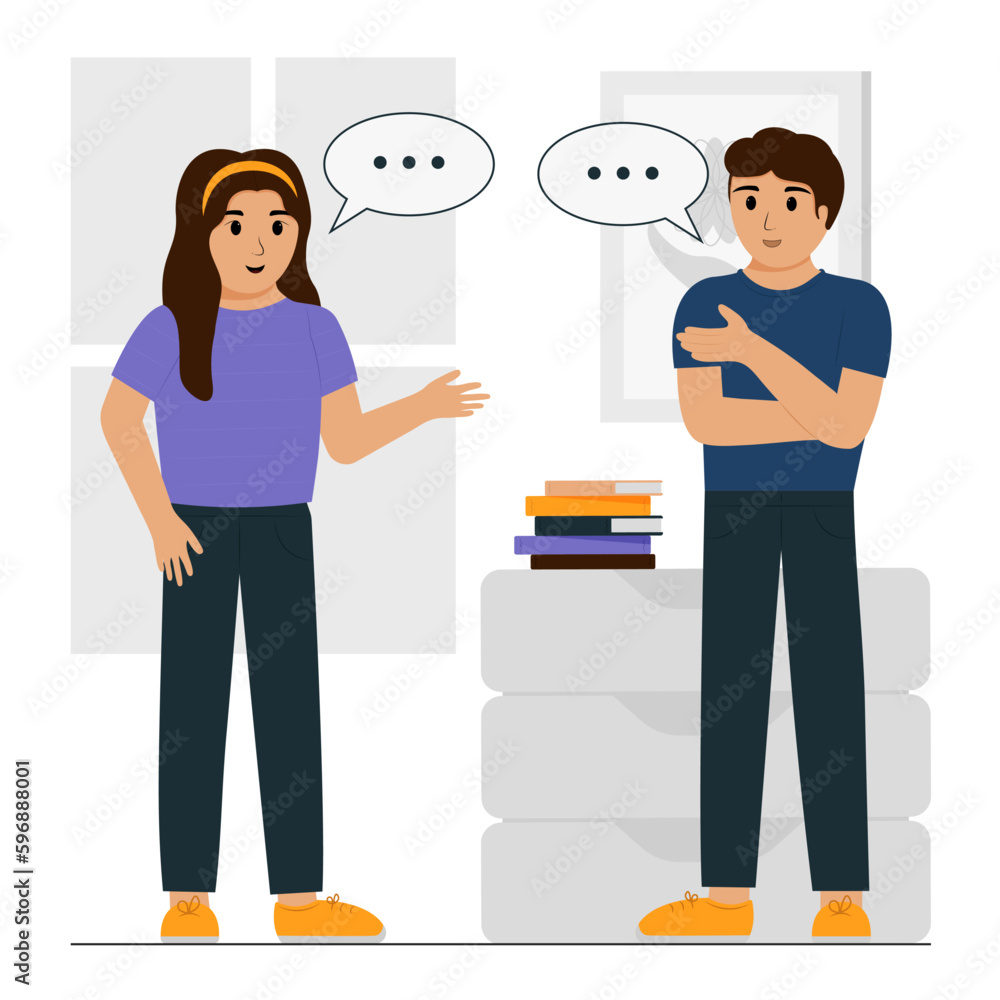 Two people, a guy and a girl, are talking in a room. A dialogue between two people. Conversation. Communication. Two people are talking. Vector flat illustration. Two people, a guy and a girl, are talking in a room. A dialogue between two people. Conversation. Communication. Two people are talking. Vector flat illustration.