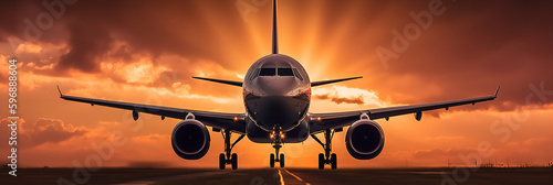Airplane taking off from an airport runway, over spectacular sunset sky light, Passengers Jet plane in dramatic clouds about to take off. Travel and Tourism Concept 