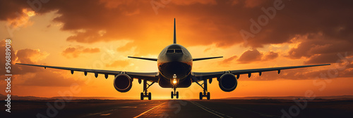 Airplane taking off from an airport runway, over spectacular sunset sky light, Passengers Jet plane in dramatic clouds about to take off. Travel and Tourism Concept 