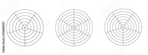 Round diagrams with concentric circles divided on equal sectors. Pie radar chart, wheel of life or habits tracker template isolated on white background