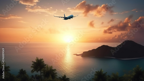 Airplane is flying over amazing mountains with forest and sea at sunrise, Passenger Aircraft Jet - Travel and Tourism Concept