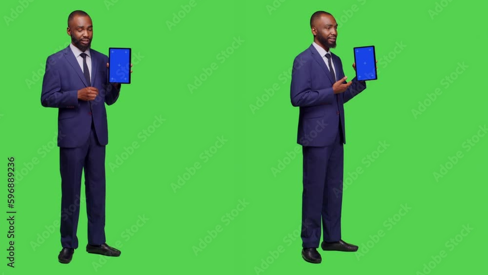 Smiling businessman showing tablet with blue screen, presenting isolated mockup copyspace on digital device. Company worker holding gadget with blank display, full body greenscreen. Smiling businessman showing tablet with blue screen, presenting isolated mockup copyspace on digital device. Company worker holding gadget with blank display, full body greenscreen.