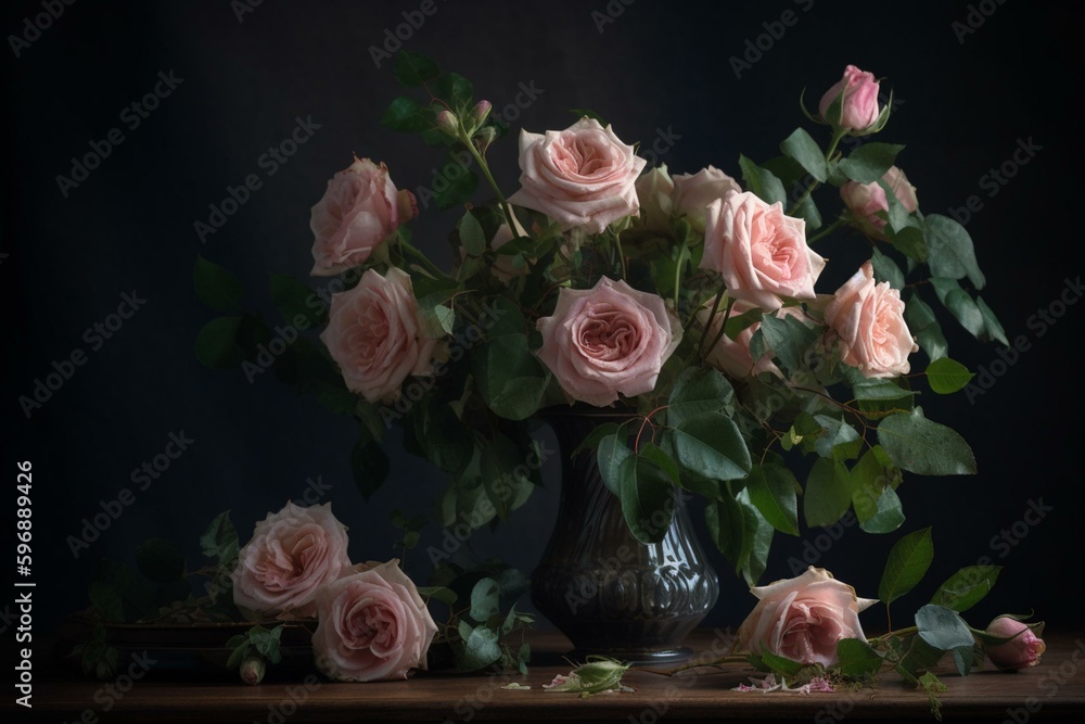 A stunning arrangement of pink roses and delicate stems. Generative AI
