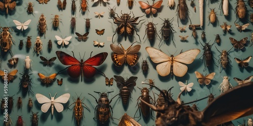 A wall adorned with a variety of taxidermy insects, displaying the specialized interest in entomology, concept of Collection, created with Generative AI technology