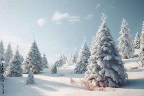 Animated holiday landscape with snowy Christmas trees. Generative AI © Arcadia