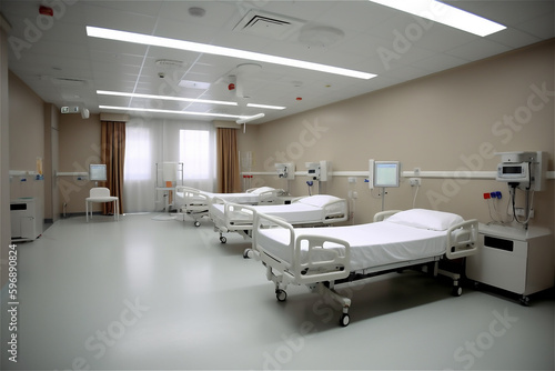 Hospital room with beds and comfortable medical equipped in a modern hospital. AI generated content © Elena