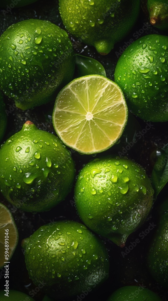 fresh limes in drops of water on a dark background. Generative AI