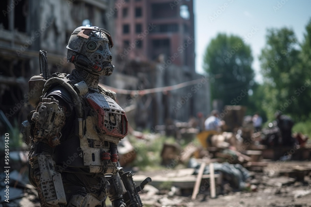 a robot in a destroyed city with ruins of buildings, side street deserted. Generative AI a robot in a destroyed city with ruins of buildings, side street deserted. Generative AI
