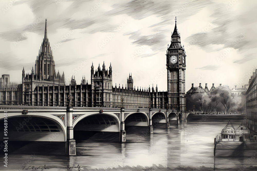 Big Ben London, Charcoal Sketch (Generative AI)