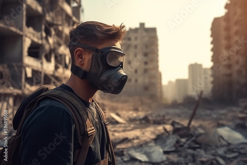 climate change or climate change or other fictional calamity, young adult man wearing a gas mask in a city. Generative AI