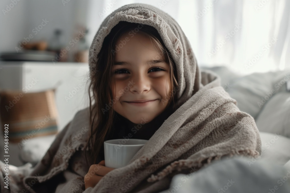 young girl child kid woman snuggled up in a blanket at home while relaxing or recovering from an illness or flu or virus. Generative AI young girl child kid woman snuggled up in a blanket at home while relaxing or recovering from an illness or flu or virus. Generative AI
