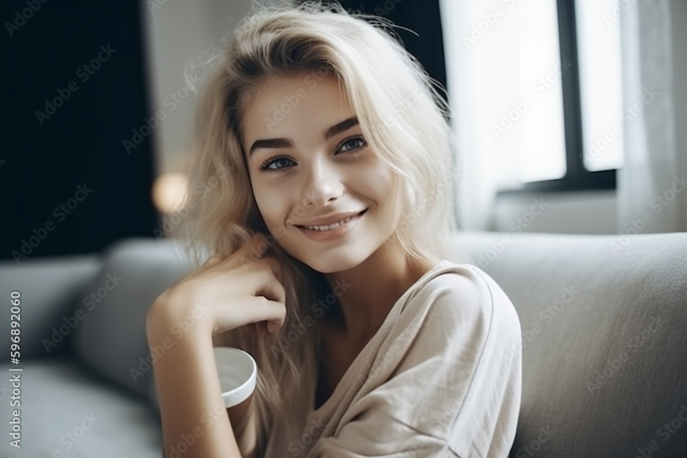 slender pretty beauty adult woman, living room with sofa and daylight. Generative AI slender pretty beauty adult woman, living room with sofa and daylight. Generative AI
