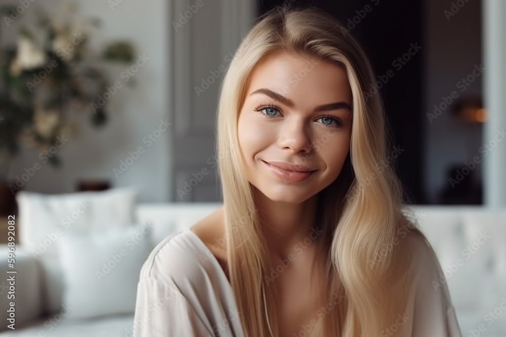 slender pretty beauty adult woman, living room with sofa and daylight. Generative AI slender pretty beauty adult woman, living room with sofa and daylight. Generative AI